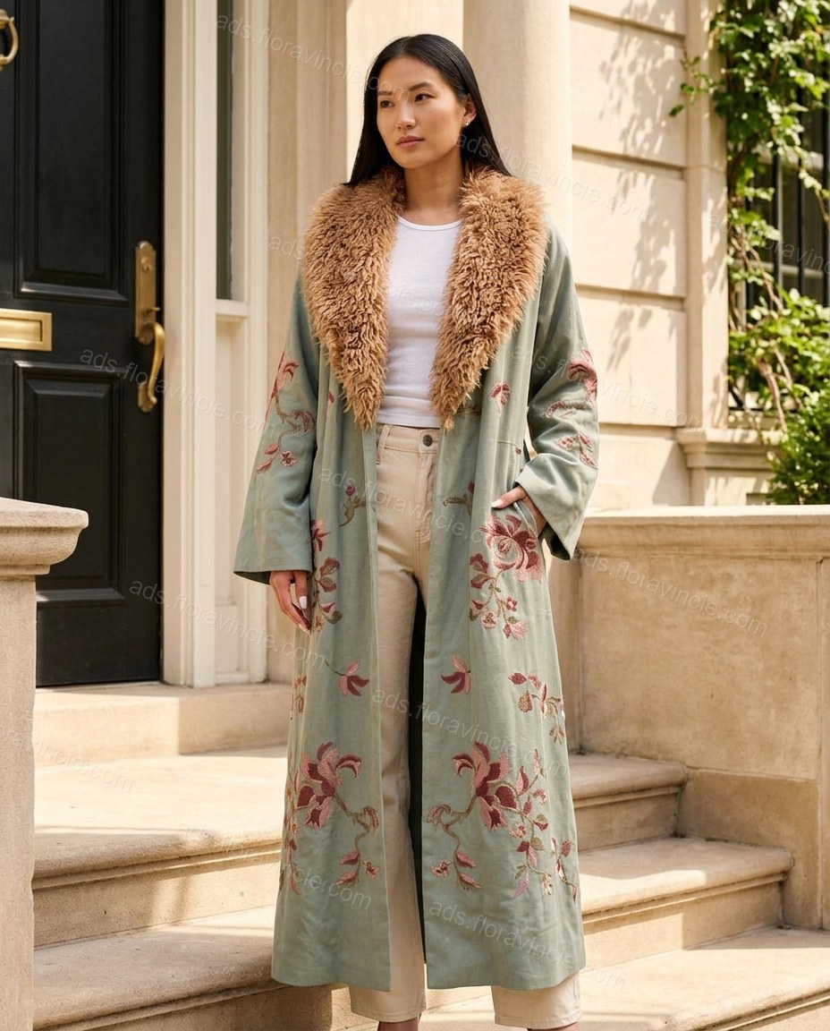 Sage Green Floral Embroidered Faux-Fur Coat, three-quarter brand lifestyle view, by ads.floravincie.com