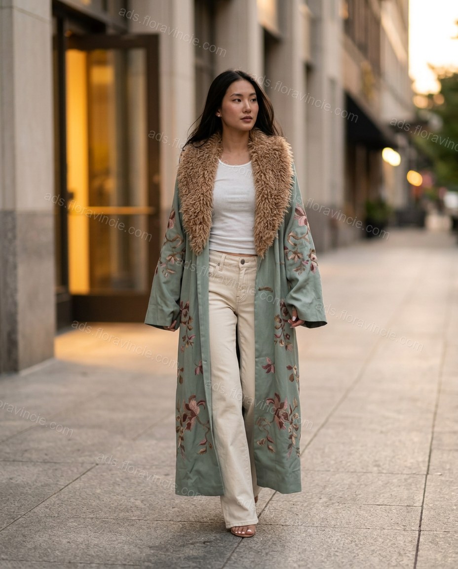 Sage Green Floral Embroidered Faux-Fur Coat, movement and fit lifestyle view, by ads.floravincie.com