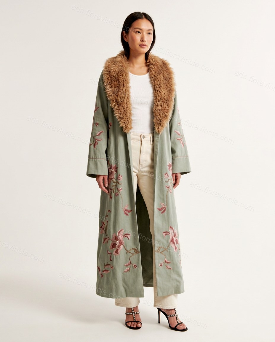 Sage Green Floral Embroidered Faux-Fur Coat, front studio view, by ads.floravincie.com