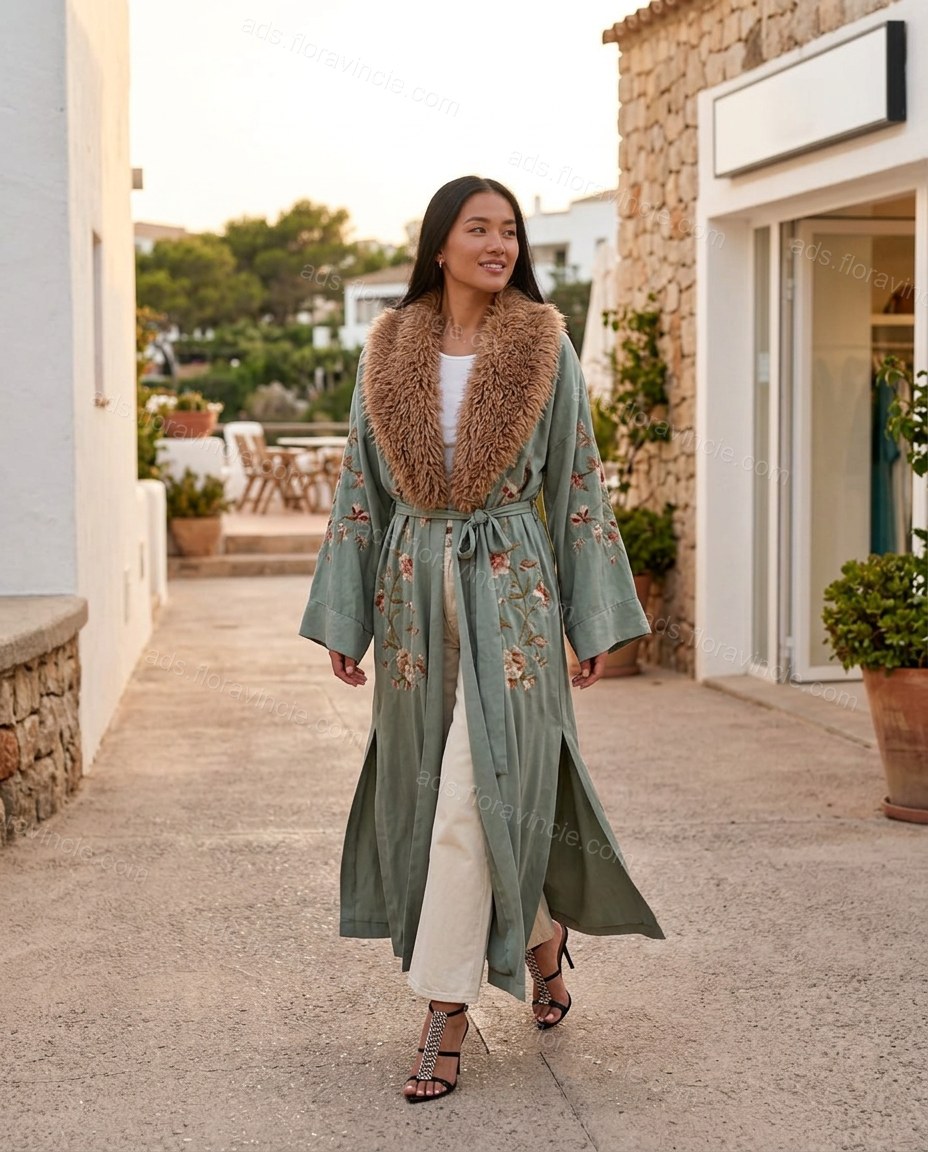 Sage Green Floral Embroidered Faux-Fur Coat, walking lifestyle view, by ads.floravincie.com