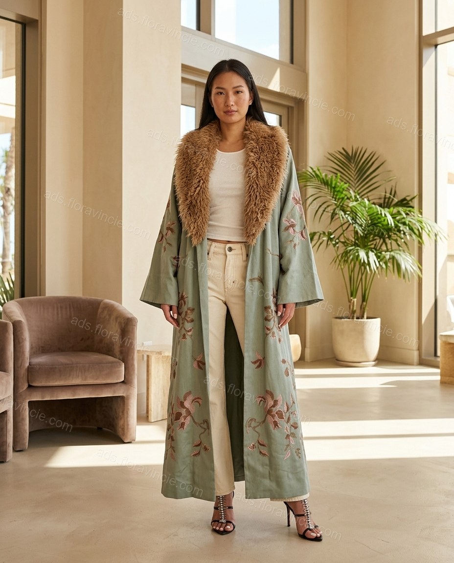 Sage Green Floral Embroidered Faux-Fur Coat, full-length hero view, by ads.floravincie.com