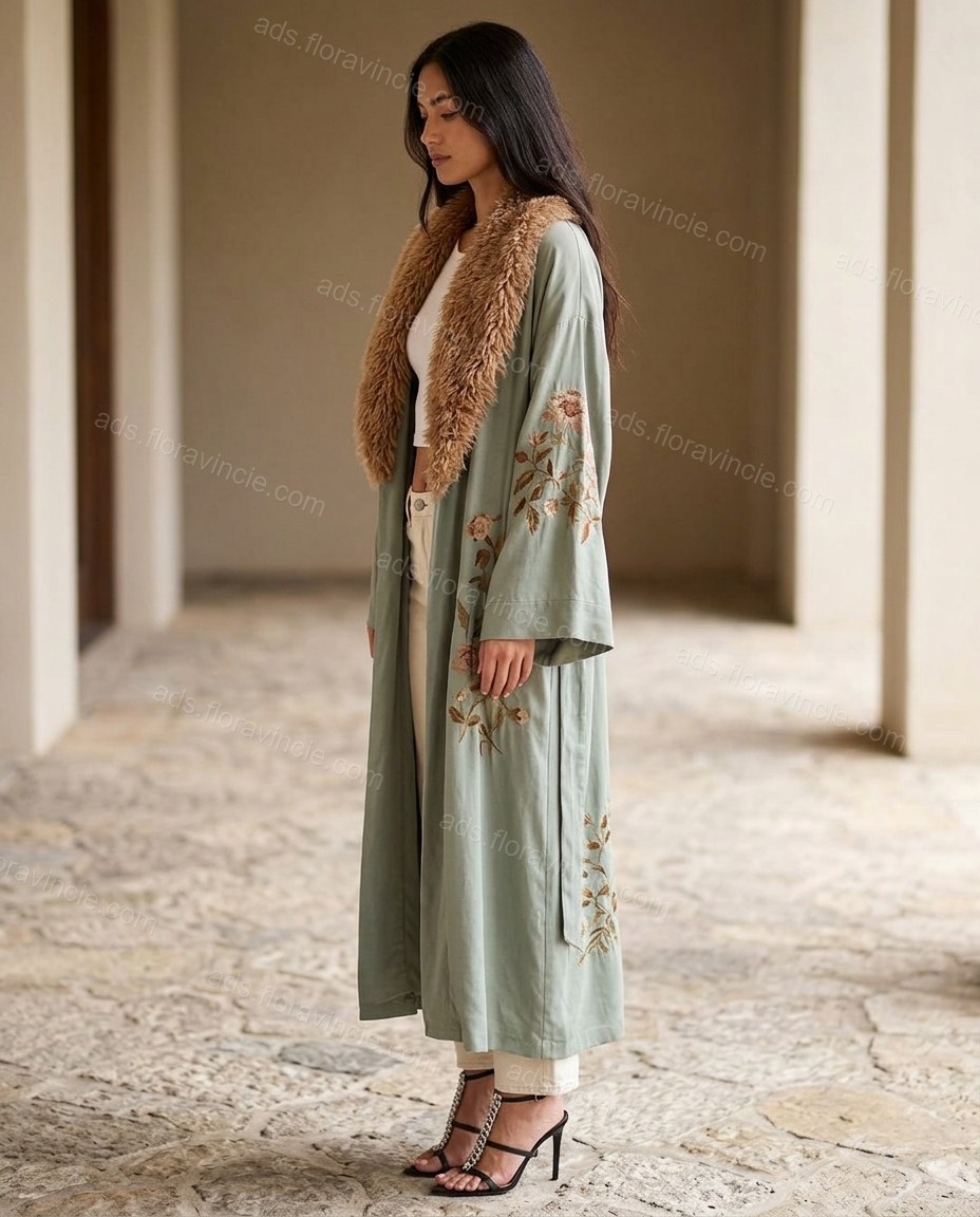 Sage Green Floral Embroidered Faux-Fur Coat, alternate use-case lifestyle view, by ads.floravincie.com