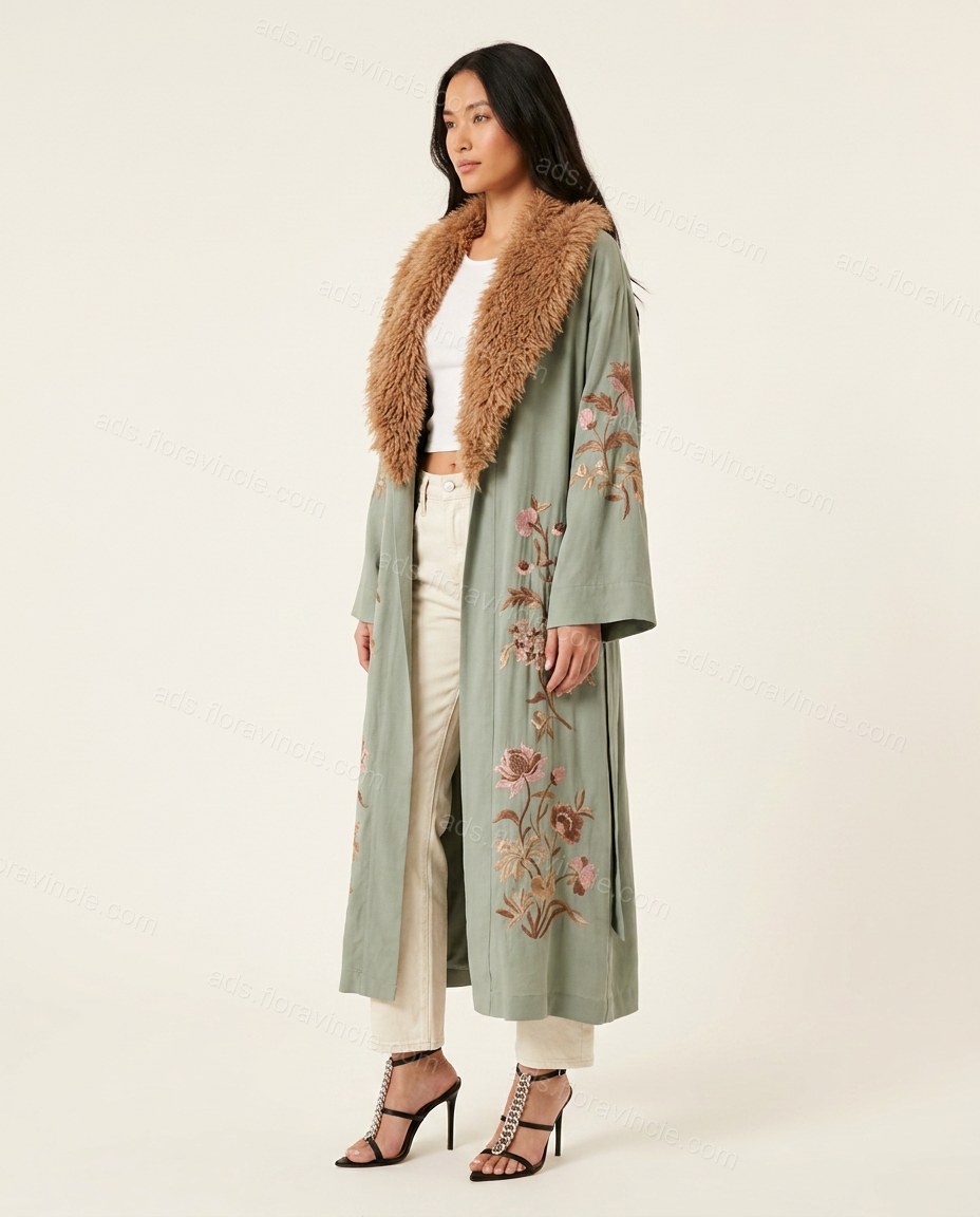 Sage Green Floral Embroidered Faux-Fur Coat, side and back studio view, by ads.floravincie.com