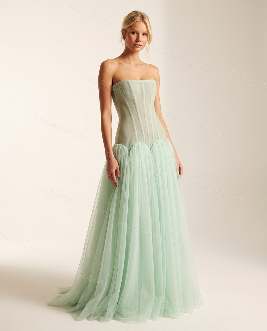 Mint Green Maxi Strapless Skirt Set, front studio view, by ads.floravincie.com