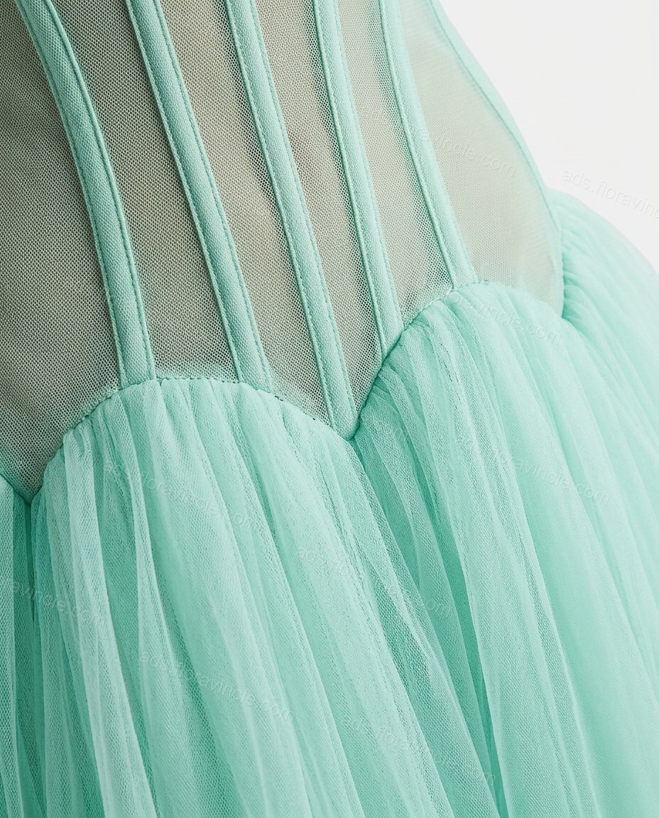 Mint Green Maxi Strapless Skirt Set, close-up of boning, scalloped waist seam and dropped waist, by ads.floravincie.com
