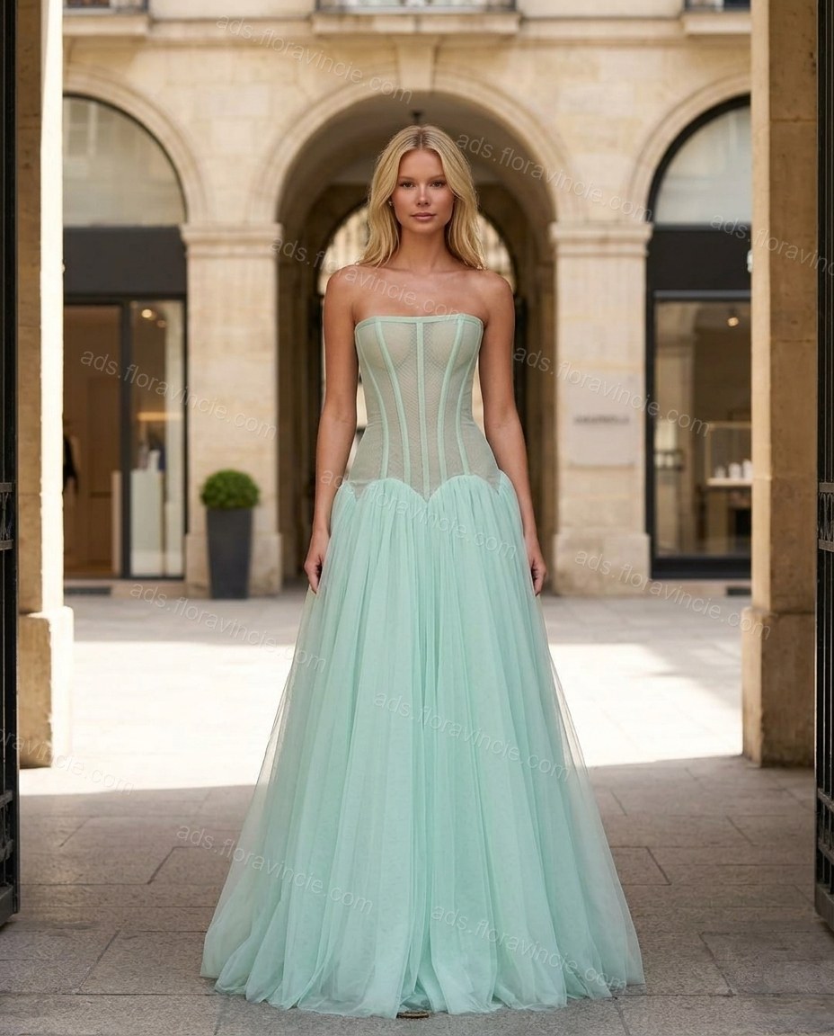 Mint Green Maxi Strapless Skirt Set, three-quarter brand lifestyle view, by ads.floravincie.com