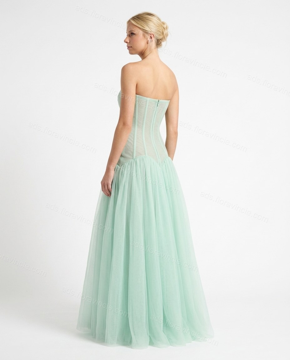 Mint Green Maxi Strapless Skirt Set, back studio view, by ads.floravincie.com