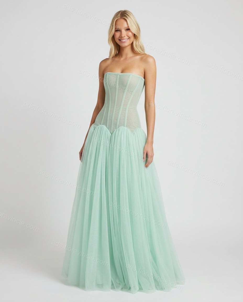 Mint Green Maxi Strapless Skirt Set, full-length hero view, by ads.floravincie.com