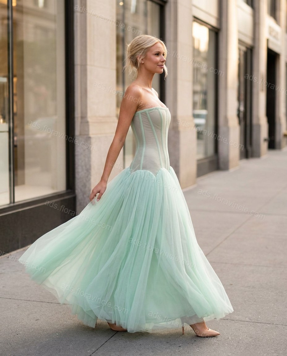 Mint Green Maxi Strapless Skirt Set, walking lifestyle view, by ads.floravincie.com
