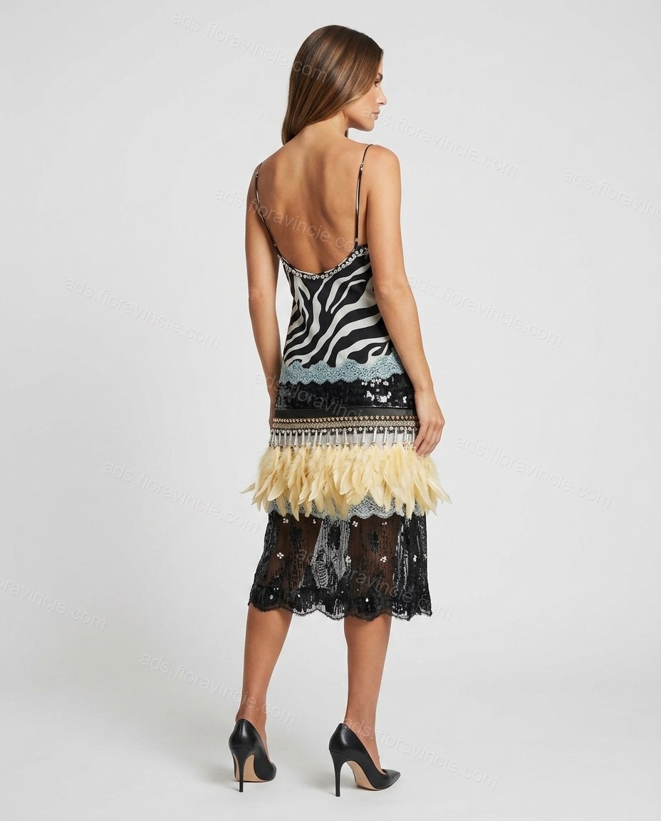 Black Animal Print Midi Feather-Trim Dress, back studio view showing low back with thin straps, by ads.floravincie.com