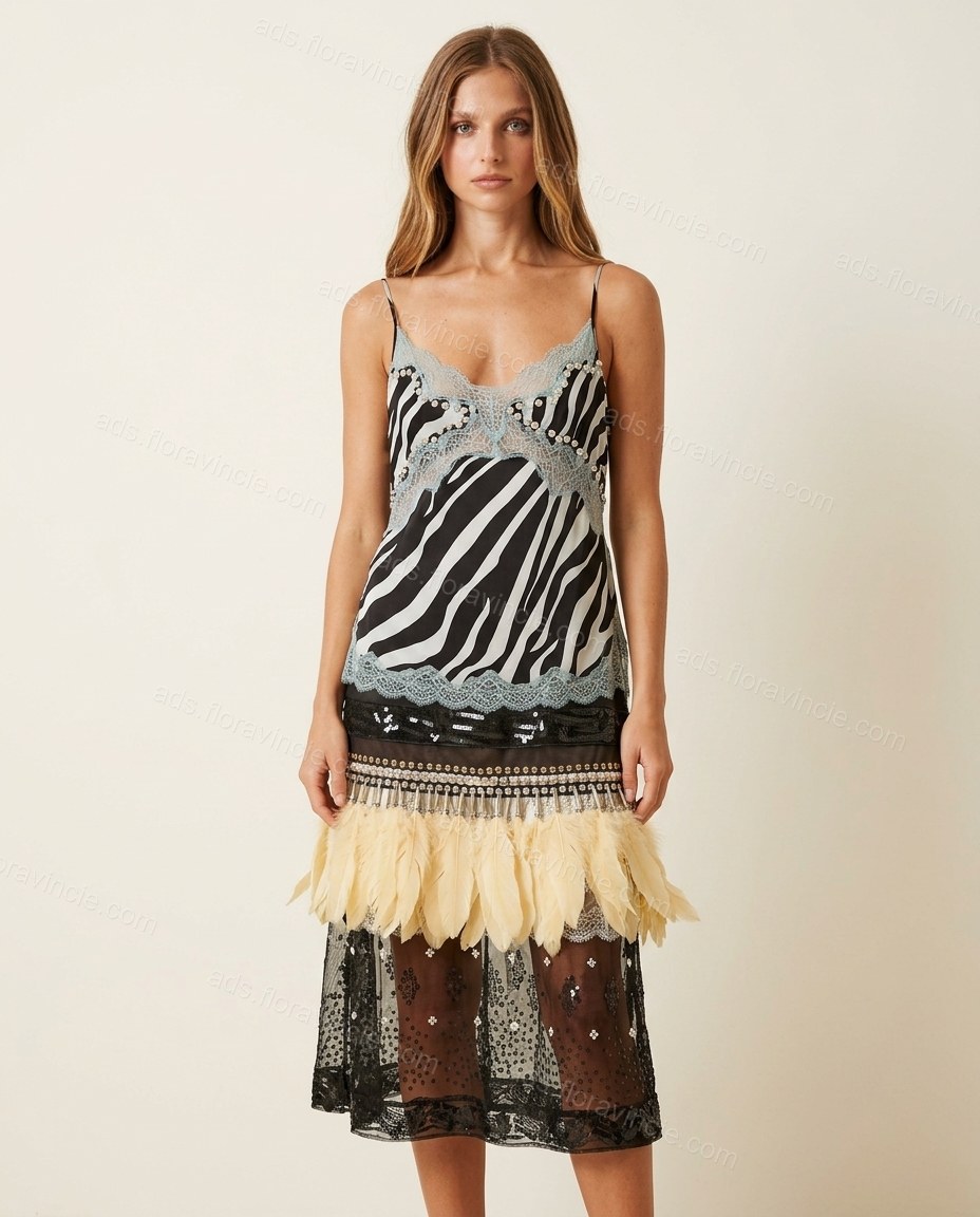 Black Animal Print Midi Feather-Trim Dress, full-length hero view, by ads.floravincie.com