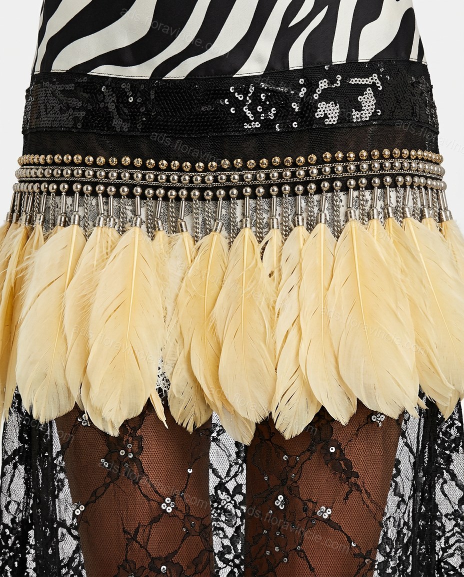 Black Animal Print Midi Feather-Trim Dress, close-up of animal print, by ads.floravincie.com