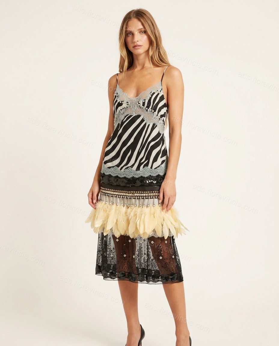 Black Animal Print Midi Feather-Trim Dress, front studio view, by ads.floravincie.com