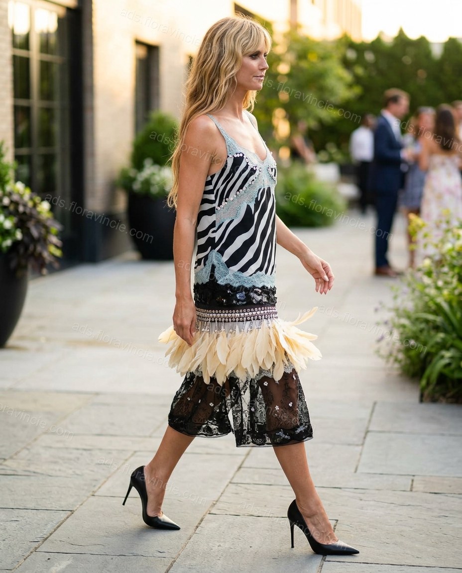 Black Animal Print Midi Feather-Trim Dress, three-quarter brand lifestyle view, by ads.floravincie.com