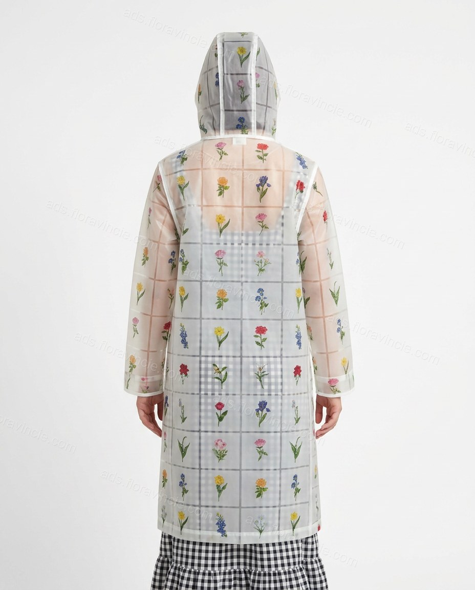 Clear Floral Coat, back studio view showing straight back panel with grid floral print, by ads.floravincie.com