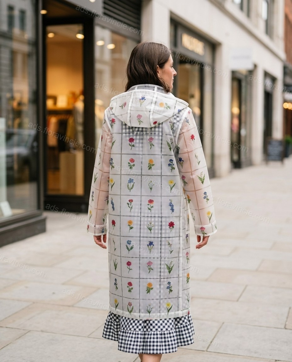 Clear Floral Coat, movement and fit lifestyle view, by ads.floravincie.com