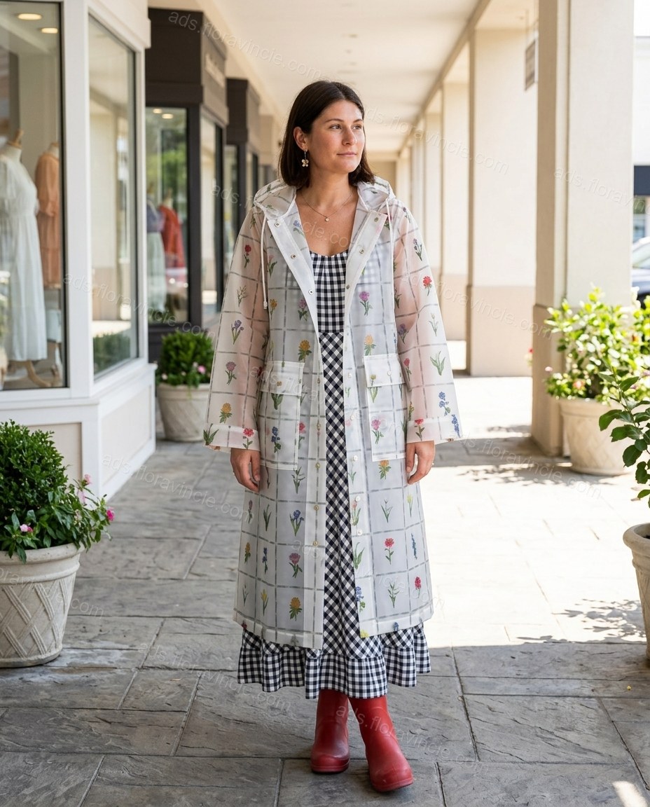 Clear Floral Coat, three-quarter brand lifestyle view, by ads.floravincie.com