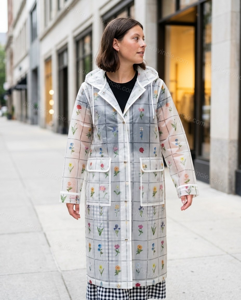 Clear Floral Coat, walking lifestyle view, by ads.floravincie.com