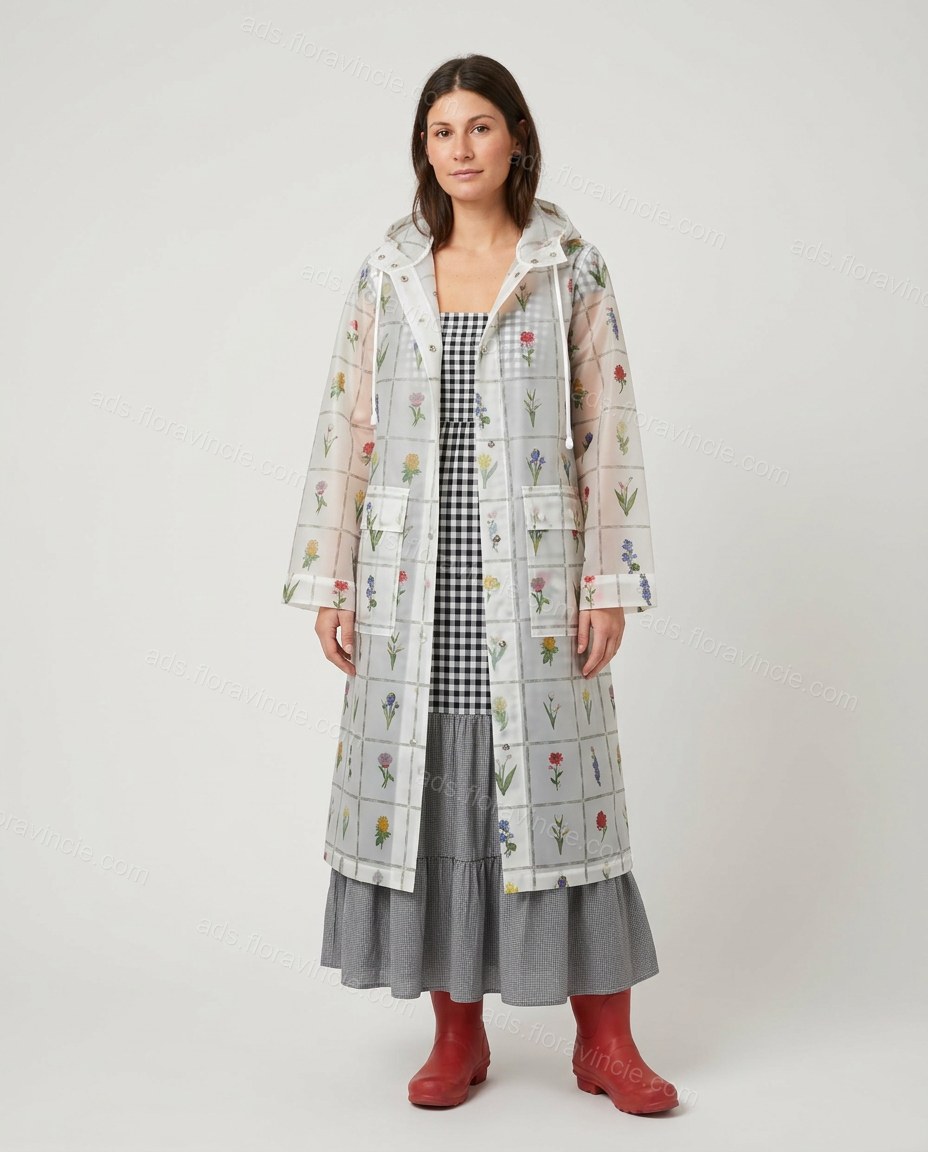 Clear Floral Coat, full-length hero view, by ads.floravincie.com