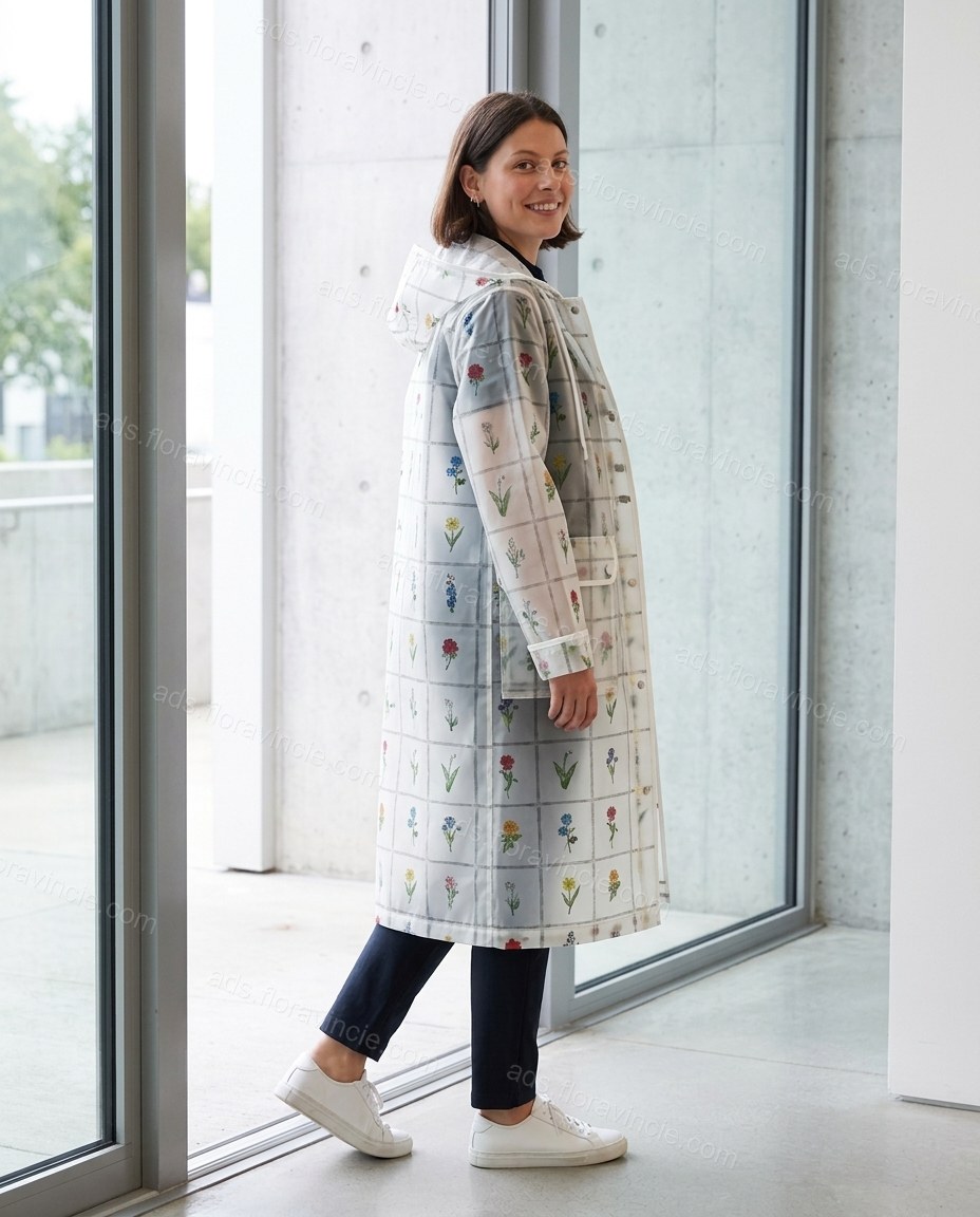 Clear Floral Coat, alternate use-case lifestyle view, by ads.floravincie.com