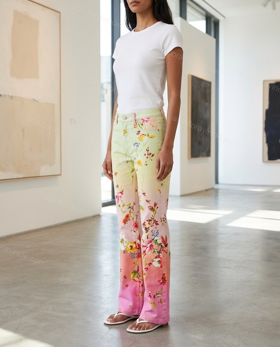 Yellow Floral Denim Pants, alternate use-case lifestyle view, by ads.floravincie.com