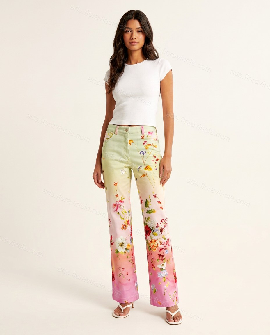 Yellow Floral Denim Pants, front studio view, by ads.floravincie.com