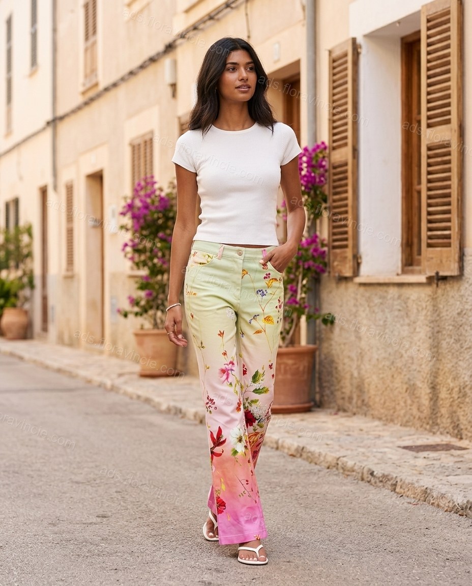 Yellow Floral Denim Pants, movement and fit lifestyle view, by ads.floravincie.com