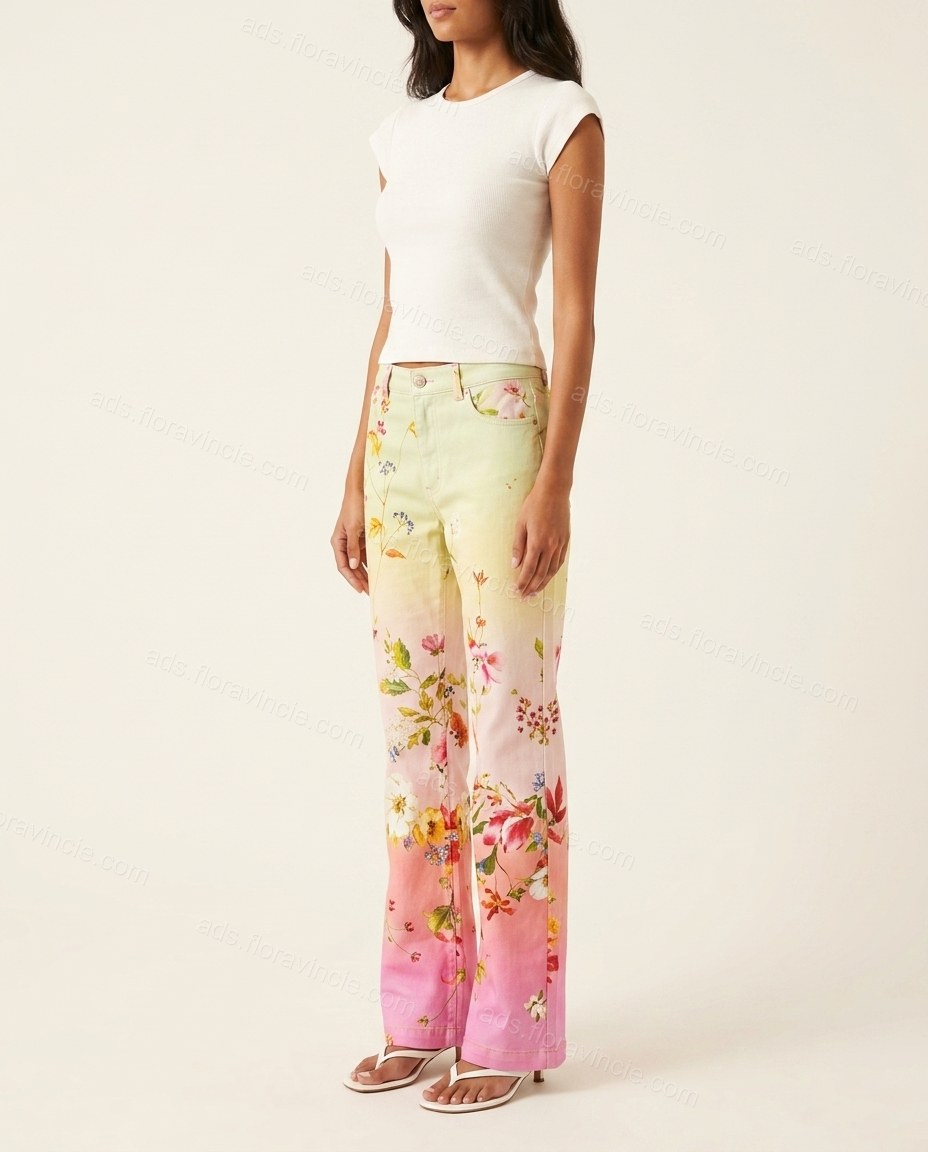Yellow Floral Denim Pants, side and back studio view showing not visible, by ads.floravincie.com