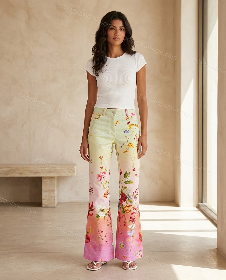 Yellow Floral Denim Pants, full-length hero view, by ads.floravincie.com