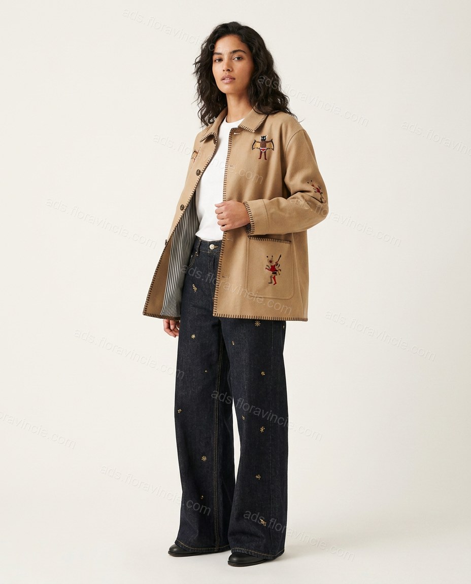 Beige Embroidered Jacket, front studio view, by ads.floravincie.com