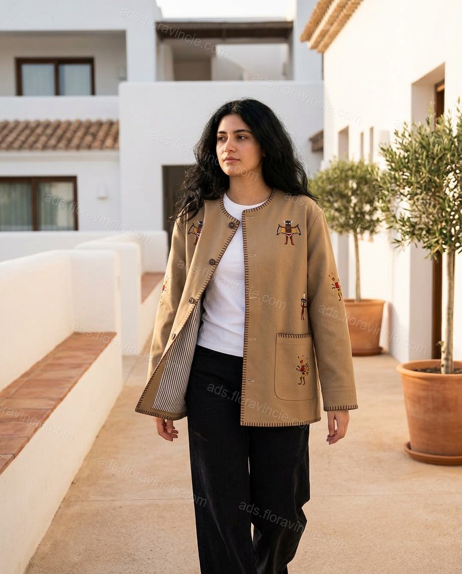 Beige Embroidered Jacket, three-quarter brand lifestyle view, by ads.floravincie.com