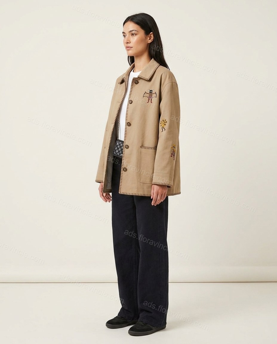 Beige Embroidered Jacket, side and back studio view, by ads.floravincie.com