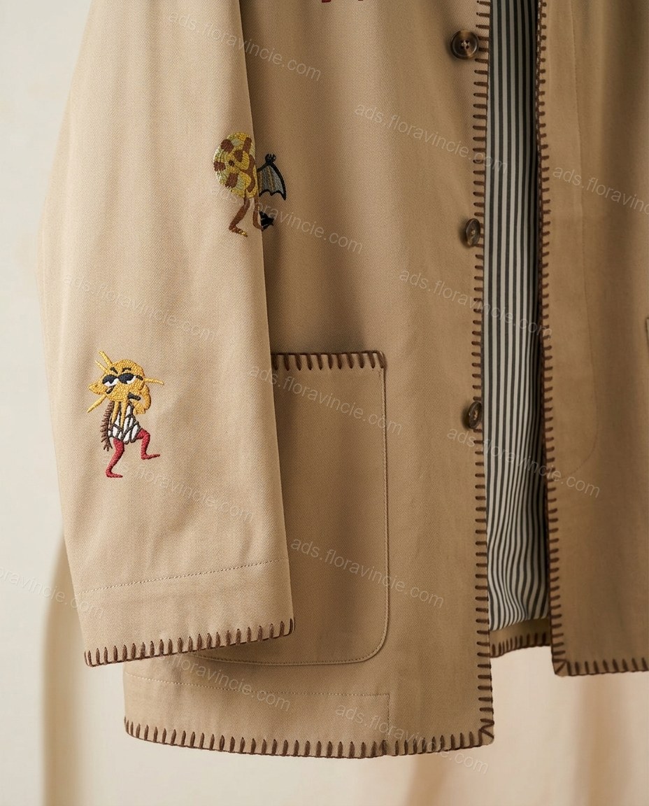 Beige Embroidered Jacket, close-up of black and white embroidery, patch pockets and whipstitch trim, by ads.floravincie.com