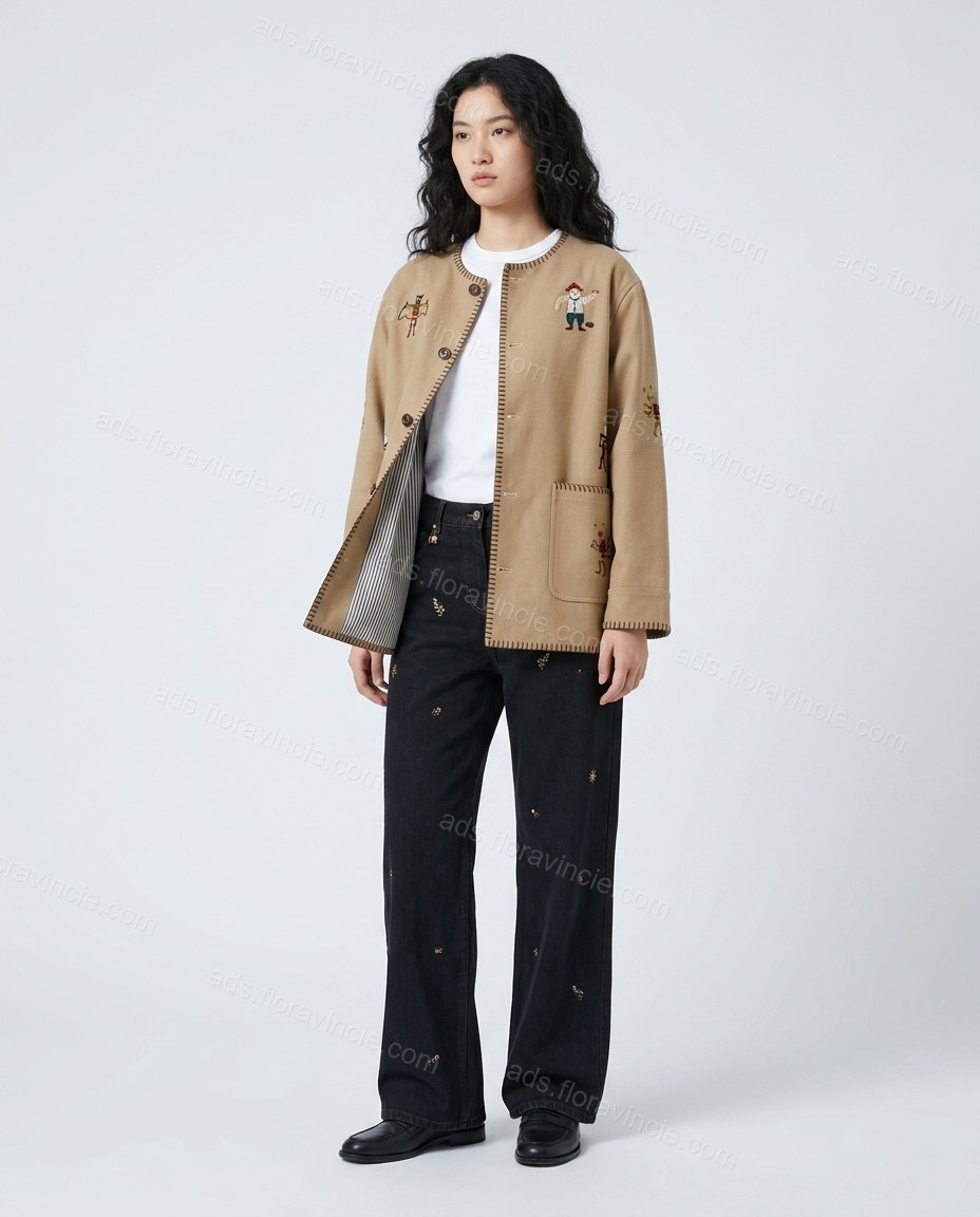 Beige Embroidered Jacket, full-length hero view, by ads.floravincie.com