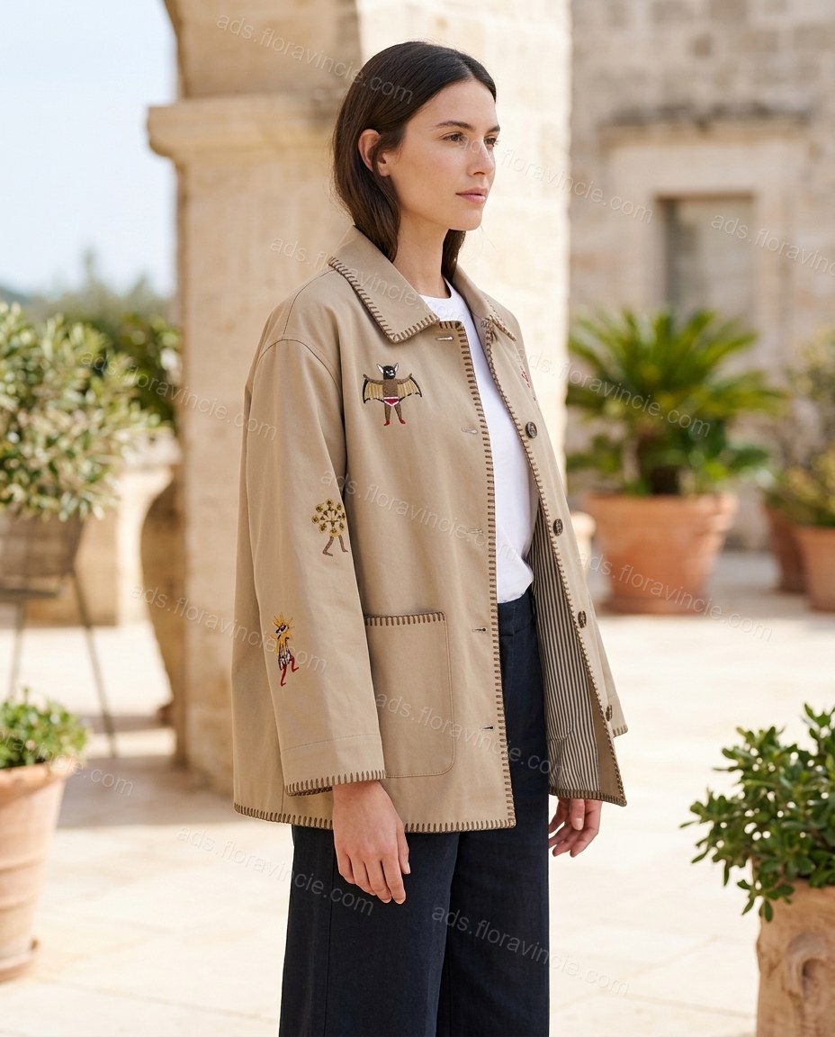 Beige Embroidered Jacket, alternate use-case lifestyle view, by ads.floravincie.com