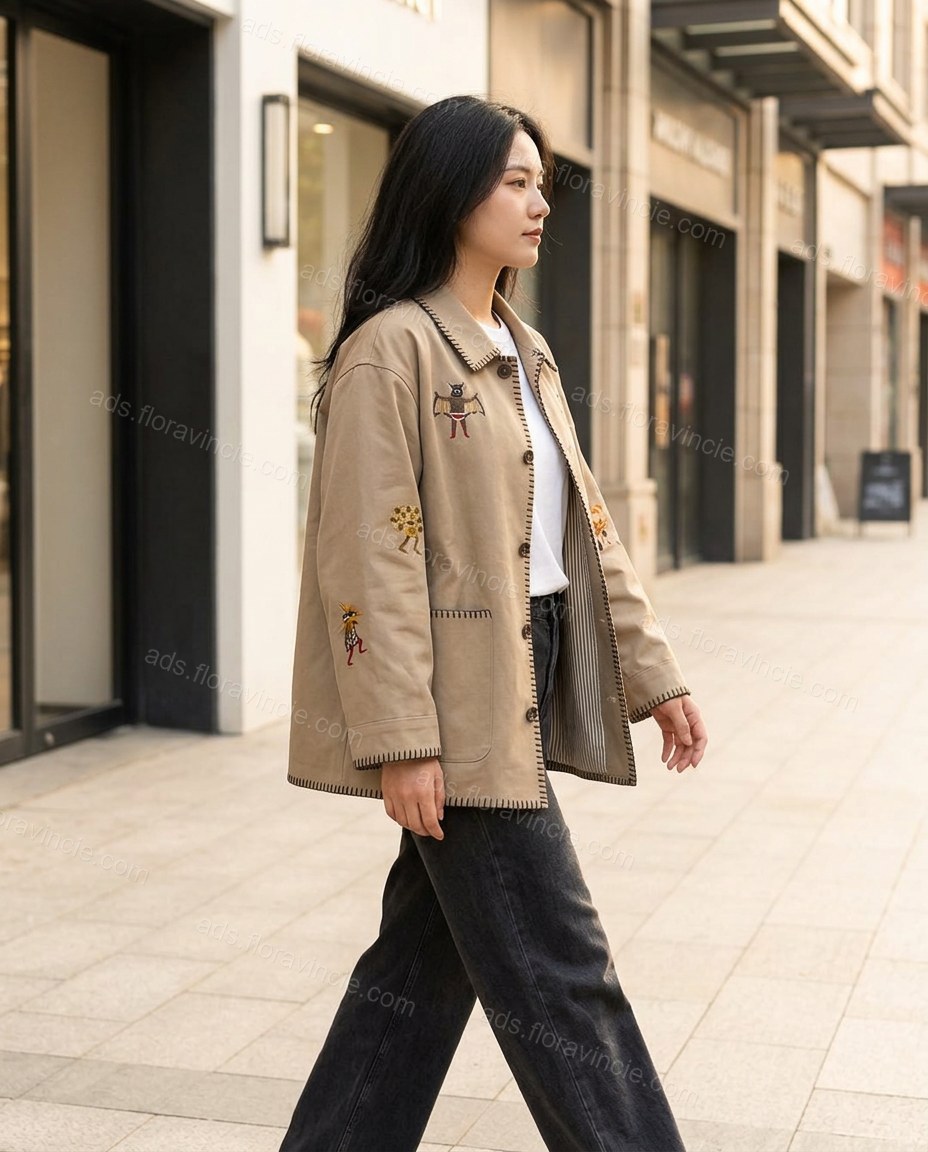 Beige Embroidered Jacket, movement and fit lifestyle view, by ads.floravincie.com