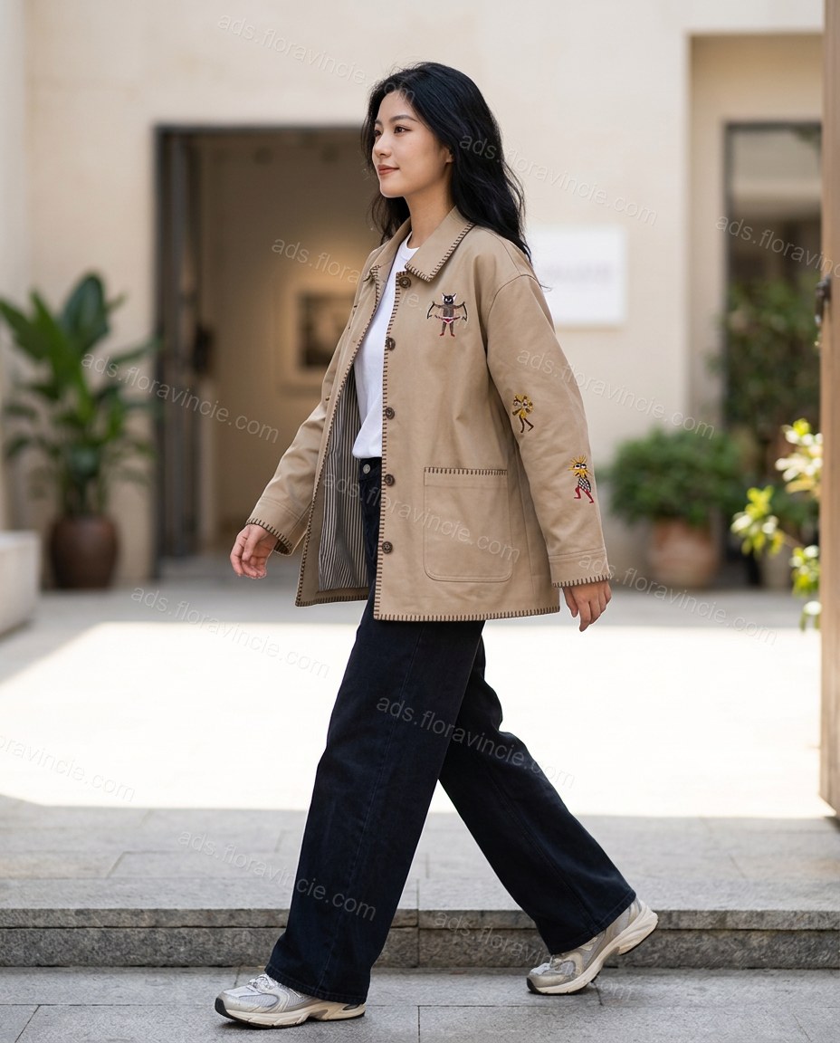 Beige Embroidered Jacket, walking lifestyle view, by ads.floravincie.com