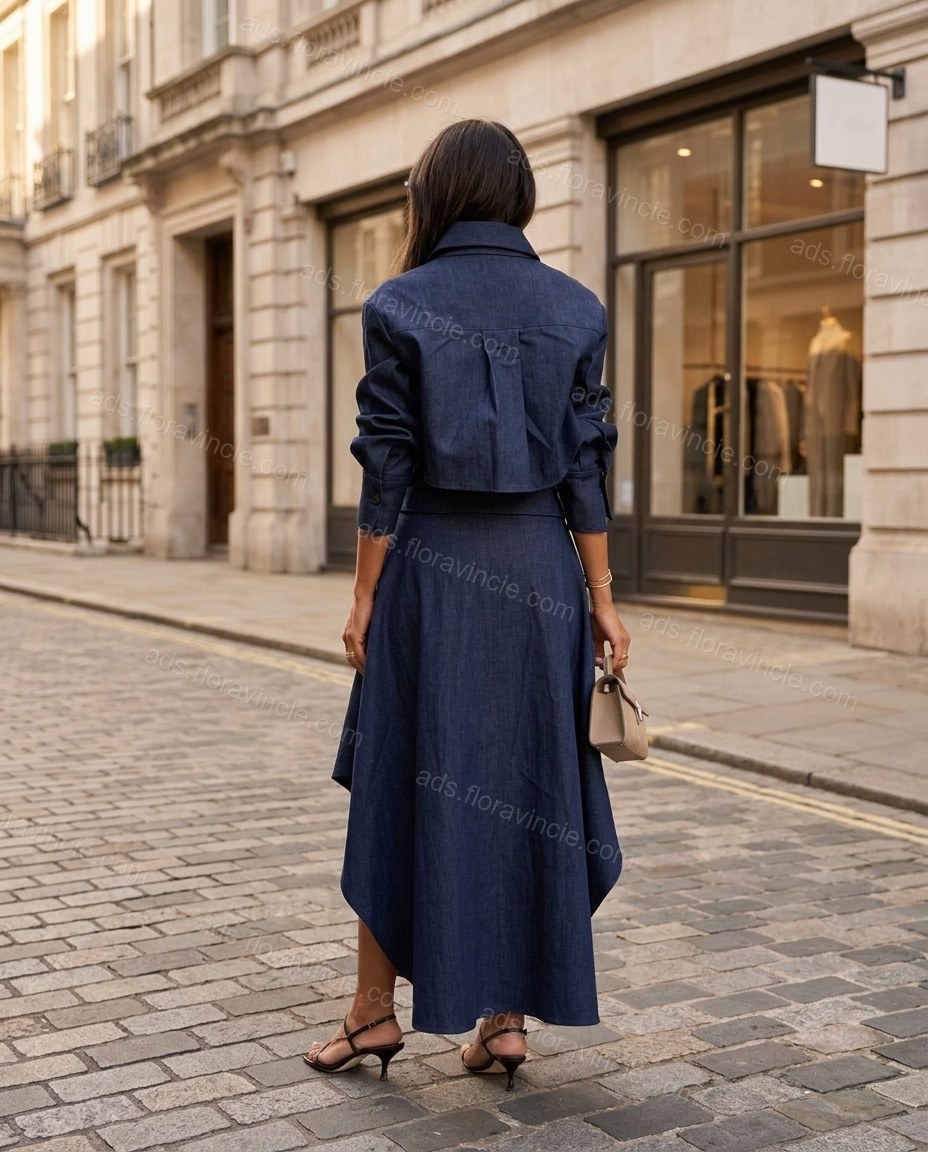 Dark Blue Midi Pleated High-Low Jacket & Skirt Set, alternate use-case lifestyle view, by ads.floravincie.com