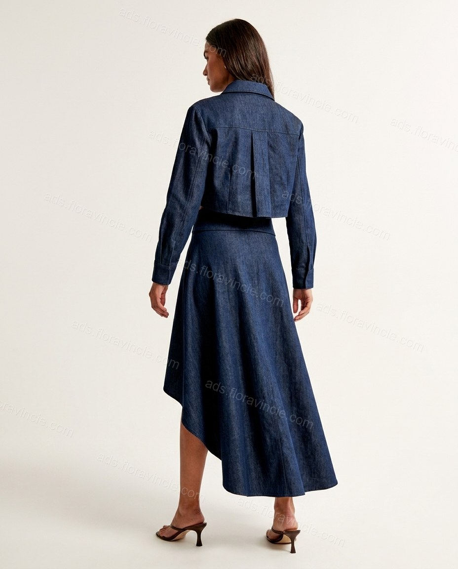 Dark Blue Midi Pleated High-Low Jacket & Skirt Set, back studio view, by ads.floravincie.com