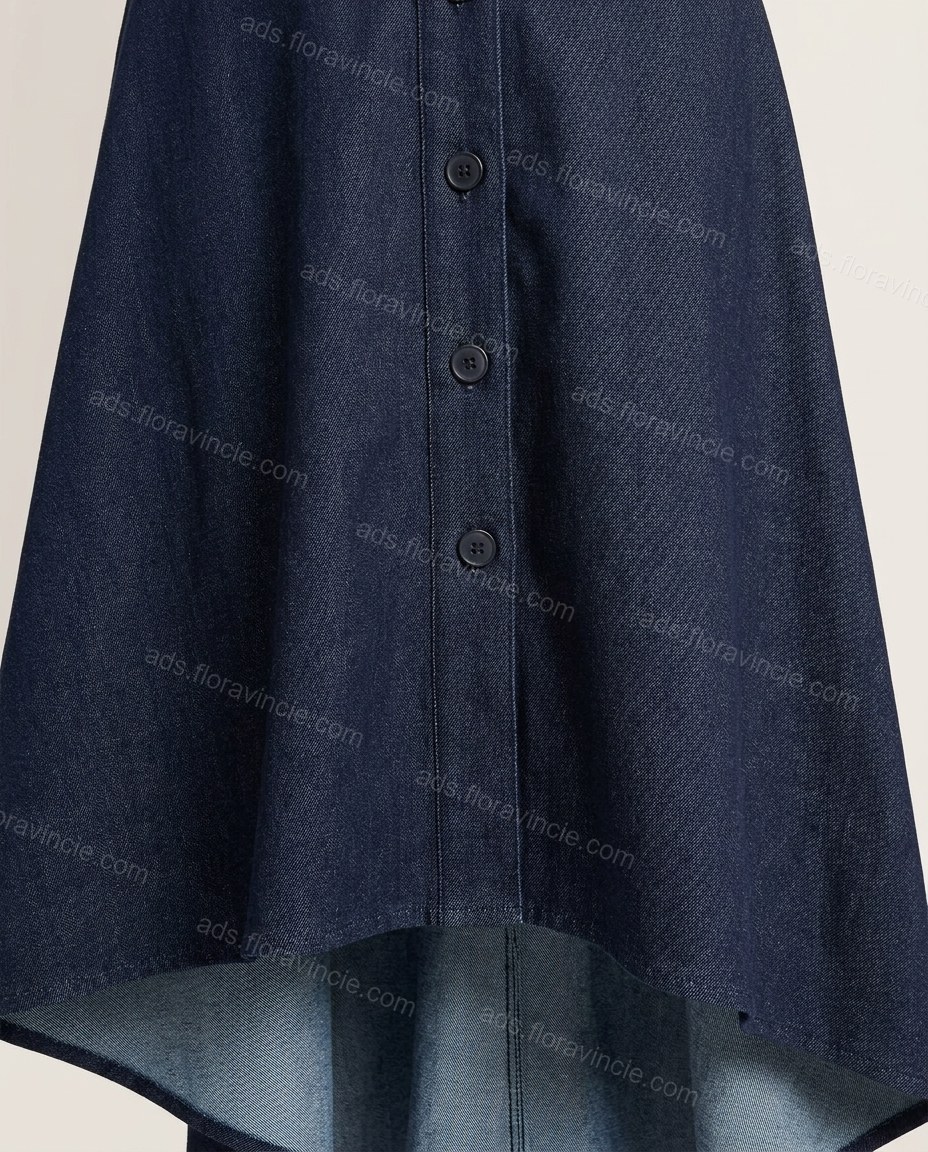 Dark Blue Midi Pleated High-Low Jacket & Skirt Set, close-up of asymmetrical hem, button-front closure and button-front jacket, by ads.floravincie.com