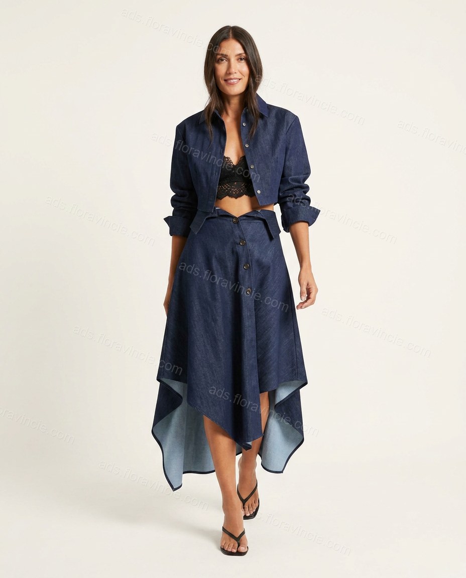 Dark Blue Midi Pleated High-Low Jacket & Skirt Set, front studio view, by ads.floravincie.com