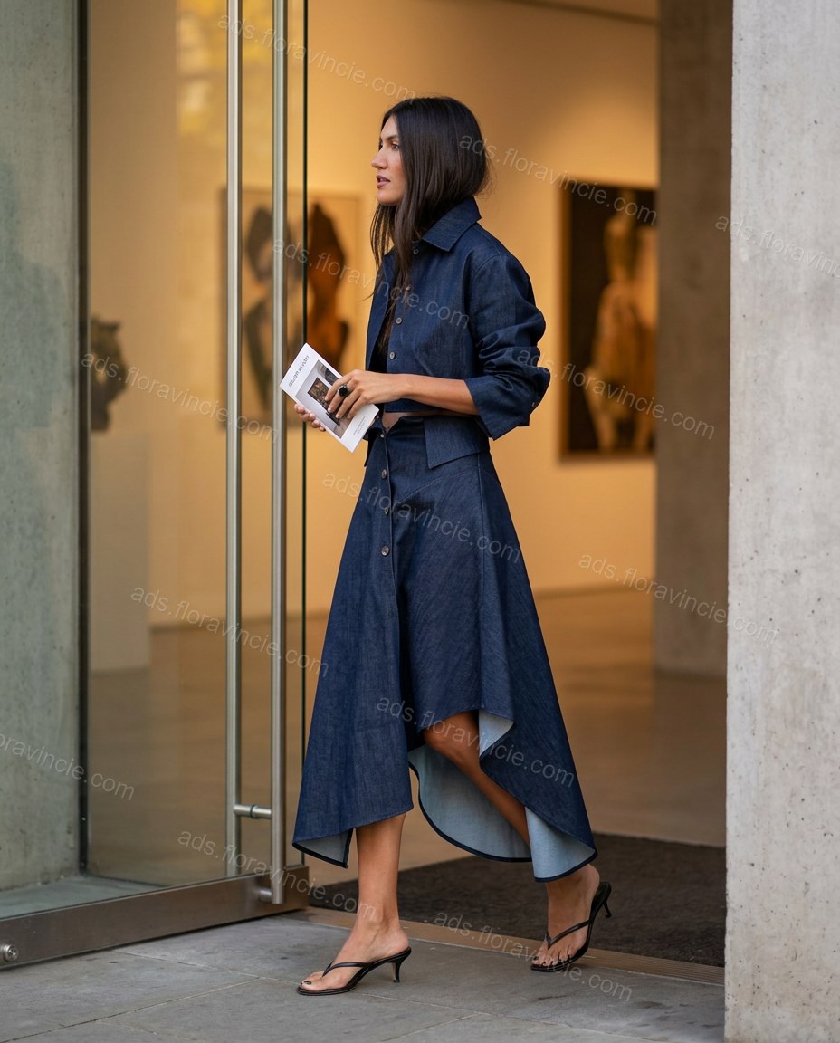 Dark Blue Midi Pleated High-Low Jacket & Skirt Set, three-quarter brand lifestyle view, by ads.floravincie.com