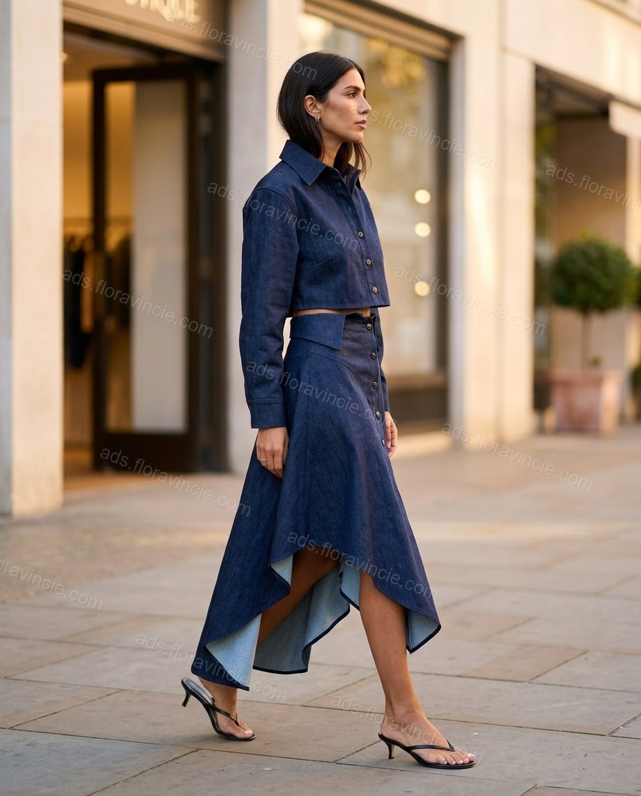 Dark Blue Midi Pleated High-Low Jacket & Skirt Set, movement and fit lifestyle view, by ads.floravincie.com