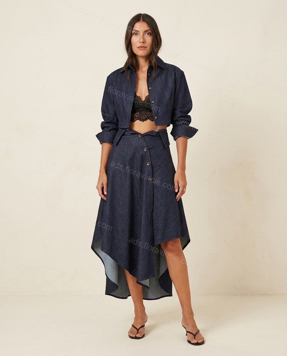 Dark Blue Midi Pleated High-Low Jacket & Skirt Set, full-length hero view, by ads.floravincie.com