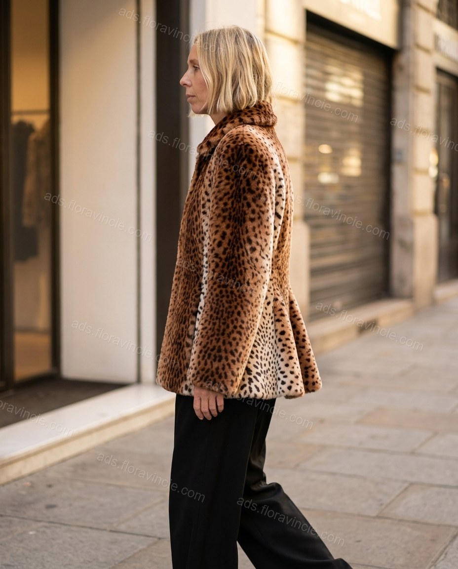 Brown Leopard Print Peplum Faux-Fur Jacket, walking lifestyle view, by ads.floravincie.com