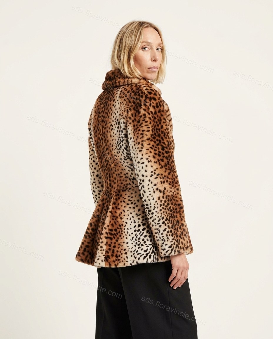 Brown Leopard Print Peplum Faux-Fur Jacket, back studio view showing fitted back paneling transitioning into a flared peplum hem, by ads.floravincie.com