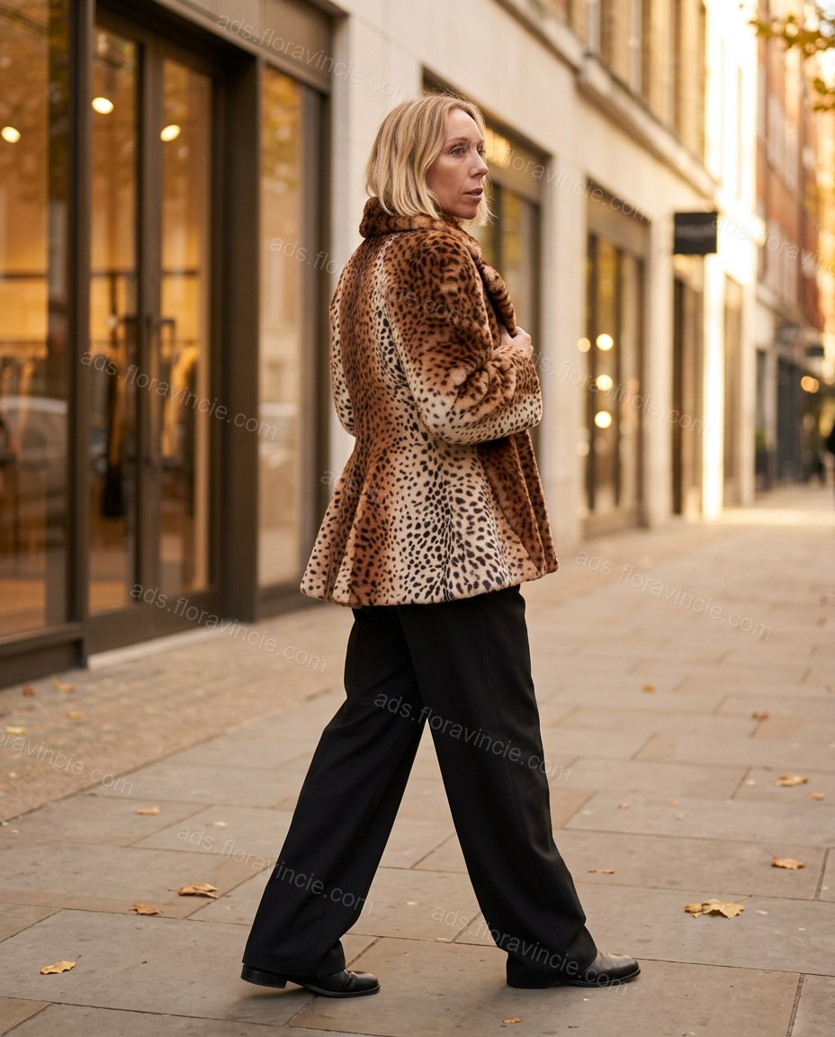 Brown Leopard Print Peplum Faux-Fur Jacket, movement and fit lifestyle view, by ads.floravincie.com