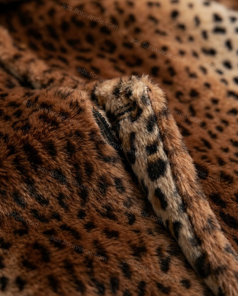 Brown Leopard Print Peplum Faux-Fur Jacket, close-up of leopard print, by ads.floravincie.com