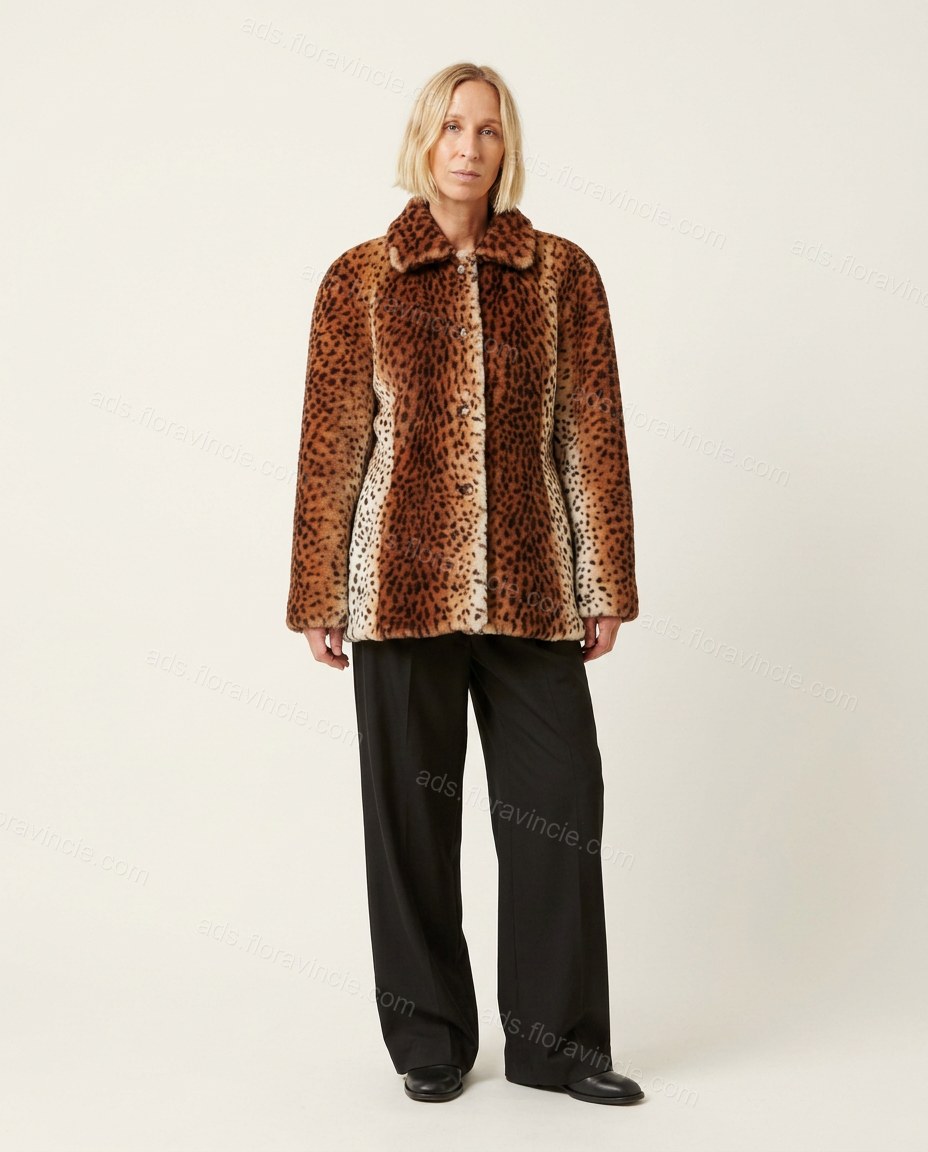 Brown Leopard Print Peplum Faux-Fur Jacket, front studio view, by ads.floravincie.com