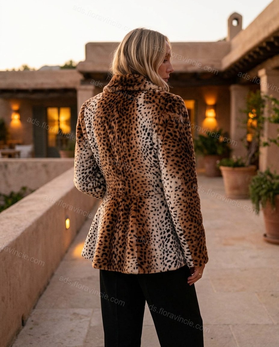 Brown Leopard Print Peplum Faux-Fur Jacket, alternate use-case lifestyle view, by ads.floravincie.com